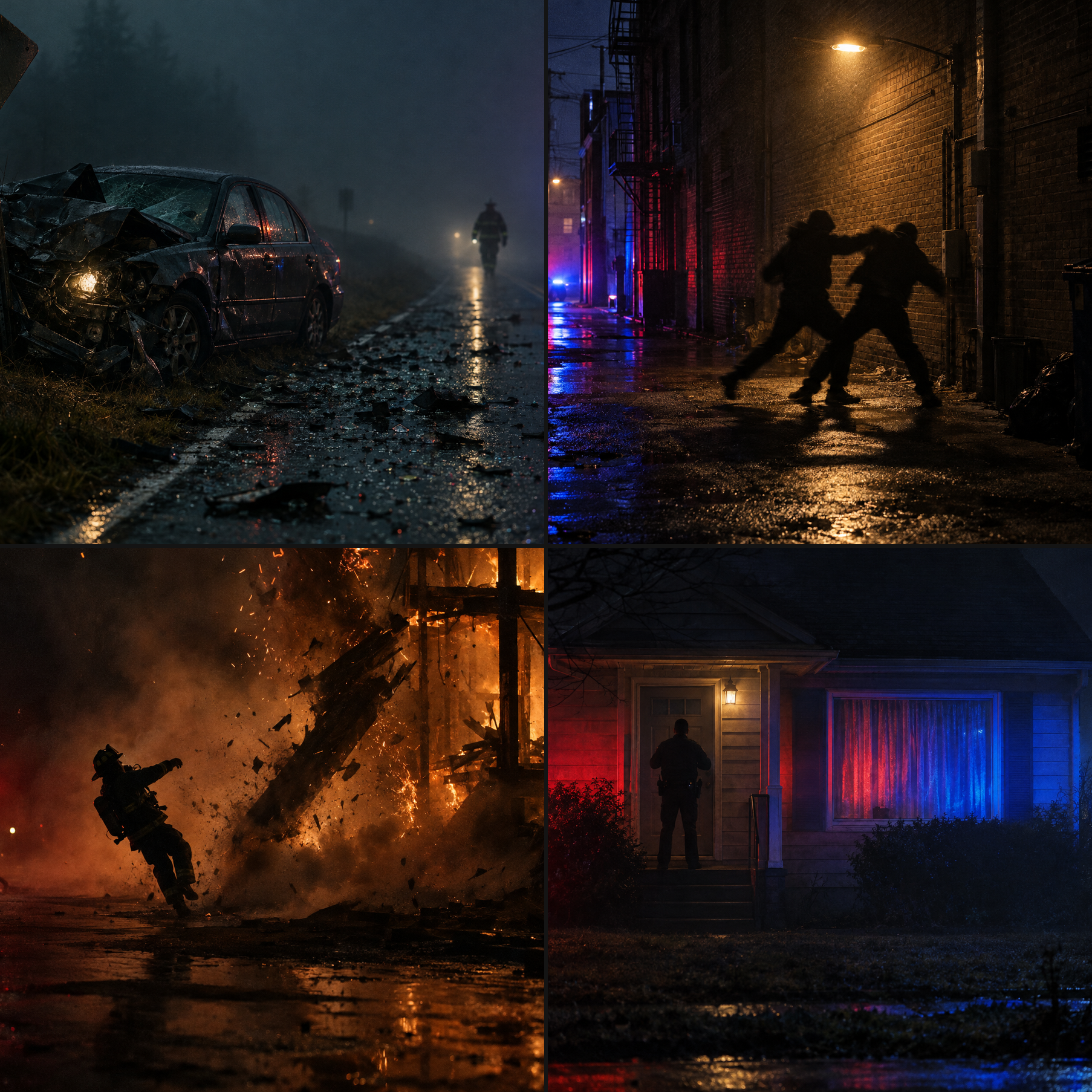 Four scenes from the calls: a wrecked car on a foggy road, a nighttime alley altercation, a firefighter caught in a near-miss collapse, and an officer at a house door lit by emergency lights